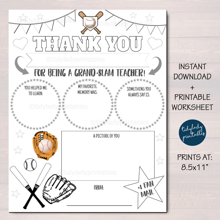 Baseball Teacher Appreciation Staff Printable, Fan Mail Student Appreciation Week Worksheet, Take Home Coloring Page INSTANT DOWNLOAD