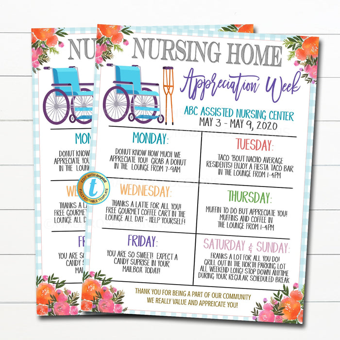 Nursing Home Appreciation Week Itinerary, Thank You Healthcare Facility Event, Hospital Staff Assisted Living Schedule, EDITABLE TEMPLATE