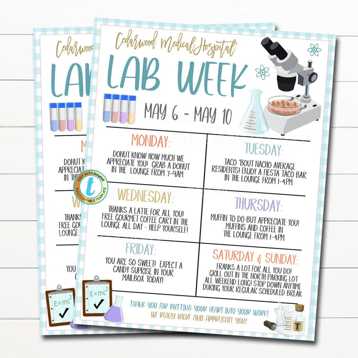 Lab Appreciation Week Itinerary Poster, Printable Digital File, National Lab Week Schedule Events Medical tech Staff Event EDITABLE TEMPLATE