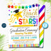 Kindergarten Graduation Invitation, Preschool Pre K Graduation Ceremony Invite, Reach For the Stars, You're a Star Rainbow EDITABLE TEMPLATE