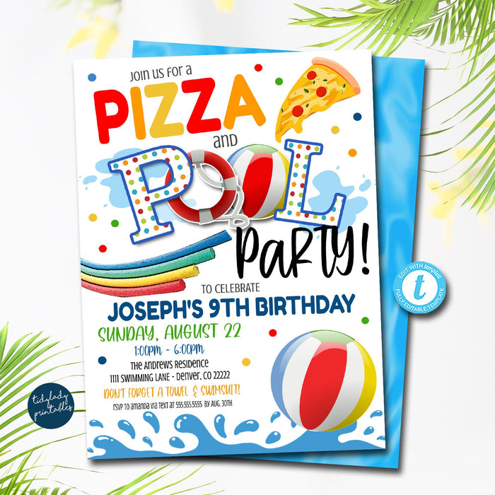 Pizza and Pool Party Invitation, End of School Party, Printable Invite Back to School, Summer Kids Boys Pool Birthday, EDITABLE TEMPLATE
