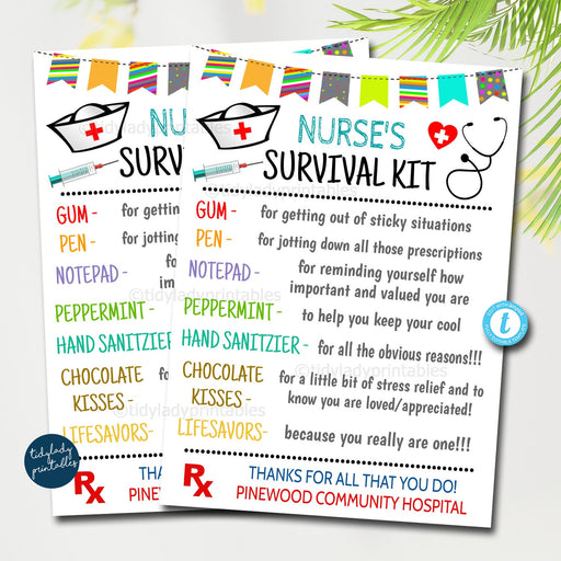 Nurse Survival Kit Gift Tags, National Nurses Day, Medical Staff Appreciation Week, Thank you Gift Card, Printable DIY Editable Template