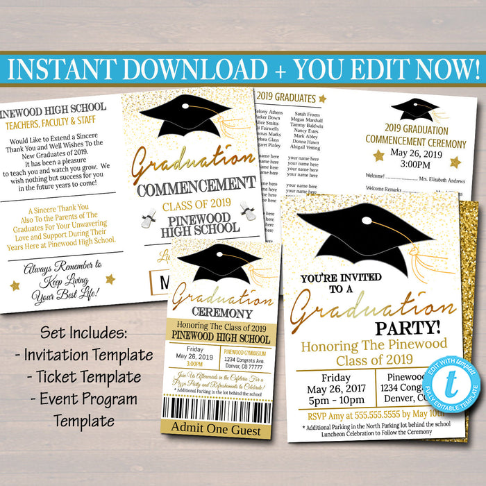 EDITABLE Graduation Ceremony Set, Party Invitation, High School Graduation Program Template, DIY Digital Ticket, Graduation Announcement