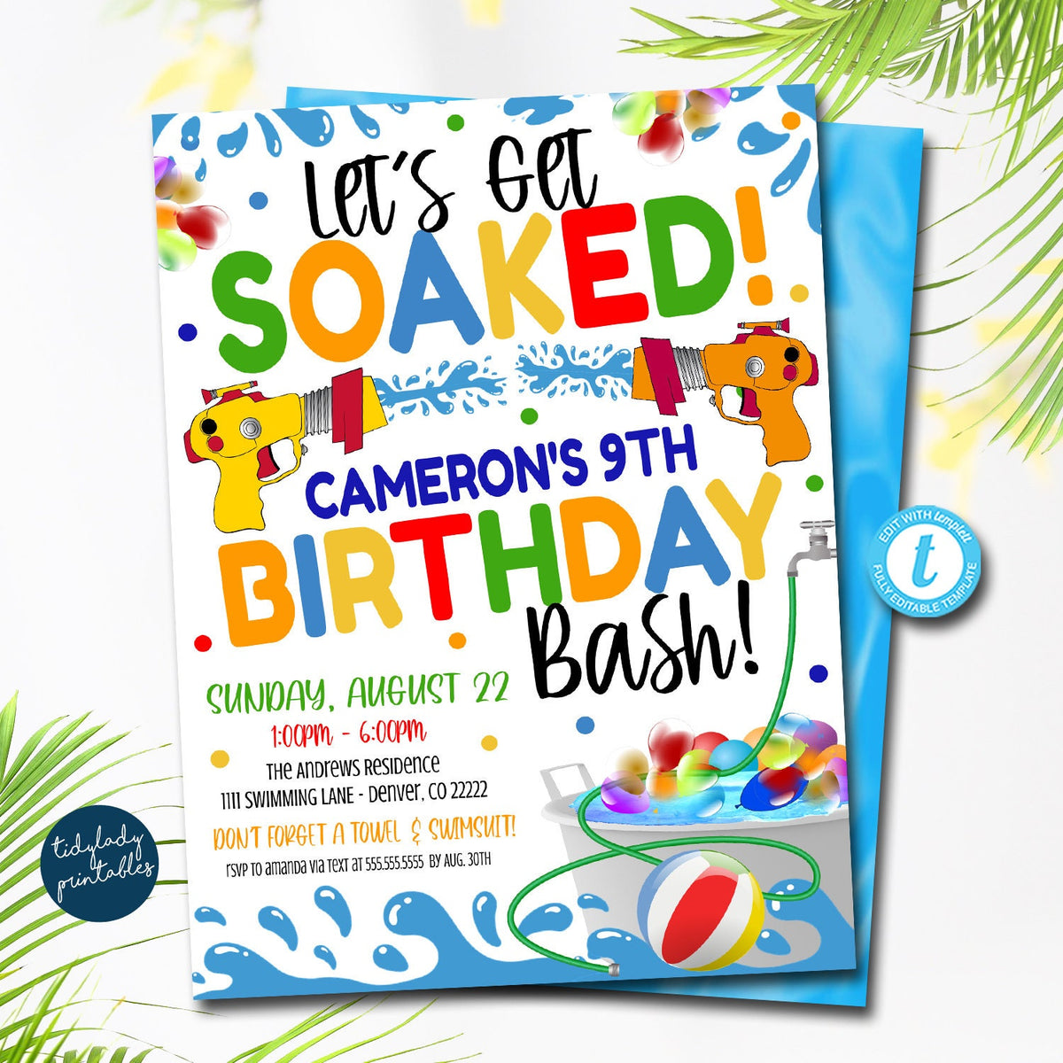 Water gun birthday invitation | Let's get soaked digital Evite — TidyLady Printables water-gun-birthday-invitation-let-s-get-soaked-digital-evite-tidylady-printables