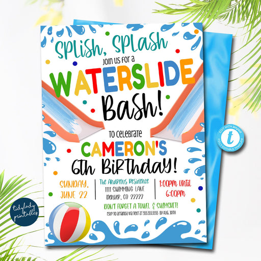Water Slide birthday invitation,Backyard Waterslide splash digital invite Evite, Personalized Splash Party, Water Park DIY EDITABLE TEMPLATE