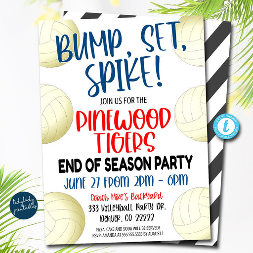Volleyball Invitation, End of Season, Bump Set Spike, Editable volleyball team party, Girl Sports digital Invitation, Printable DIY TEMPLATE