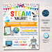 EDITABLE Family Steam Night Flyer, School PTA PTO Flyer, Community Church Fundraiser, Math Science Tech Educational Event Poster, Printable