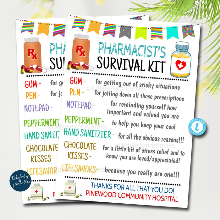 Pharmacist Survival Kit Gift Tags, pharmacist appreciation Day, Medical Staff Hospital, Funny Thank you Gift, Printable Editable Template