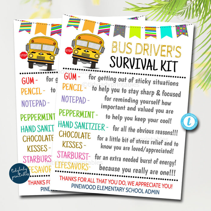 Bus Driver's Survival Kit Gift Tags, National Bus Driver Appreciation Day, School Staff Thank you Gift Card, Printable DIY Editable Template
