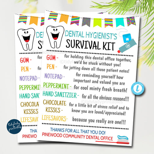 Dental Hygienist's Survival Kit Gift Tags, dentist appreciation week, dental office staff, Funny Thank you Gift, Printable Editable Template
