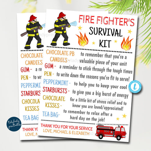 Firefighter Survival Kit Tags, Unique Gift Present, Funny Fireman Birthday Keepsake Printable, Novelty Gag Firefighter, Editable Template