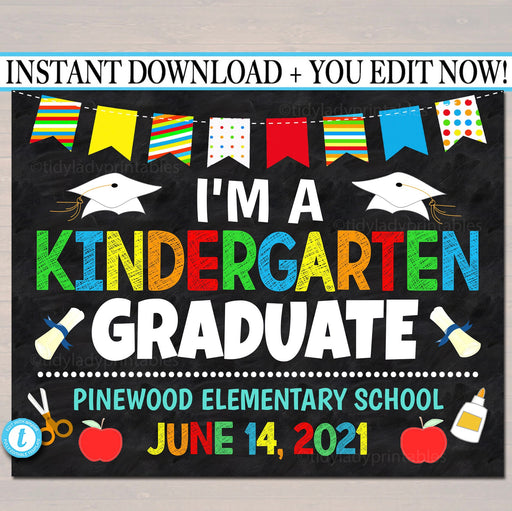 Kindergarten Graduation Last Day of School Photo, End of School Chalkboard Poster, Preschool Daycare Kindergrad Printable, EDITABLE TEMPLATE