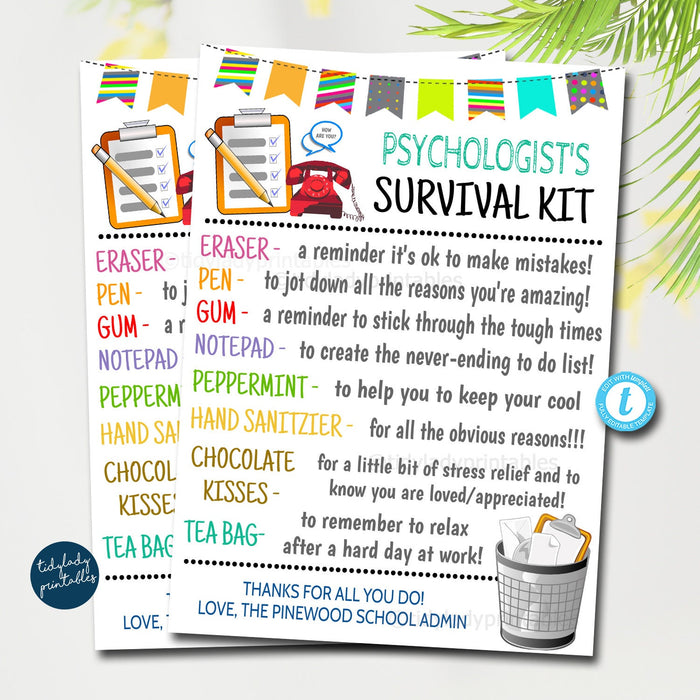 EDITABLE Pschologist Survival Kit Printable, Counselor, Therapist Mental Health Worker Appreciation Day, Thank You Gift Idea TEMPLATE