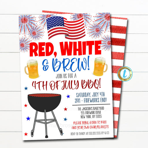 4th of July Invitation, Red White and Brew, Editable BBQ Grill Backyard invite, Firework Firecracker Invitation, Fourth of july, TEMPLATE