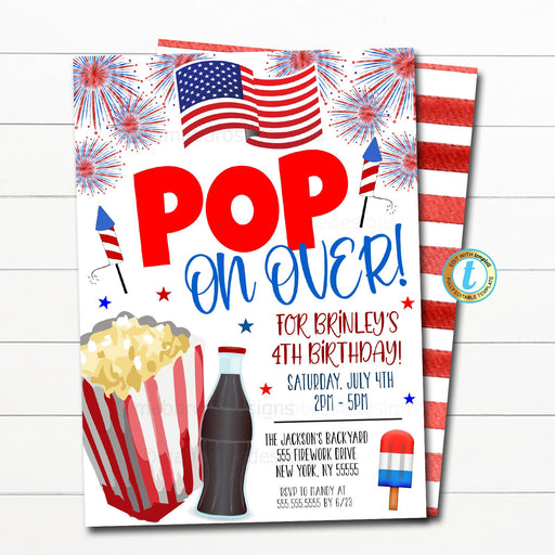 4th of July Invitation, Pop on Over Popsicle Popcorn Soda Invite, red white blue birthday Invite, kids summer movie night party, EDITABLE