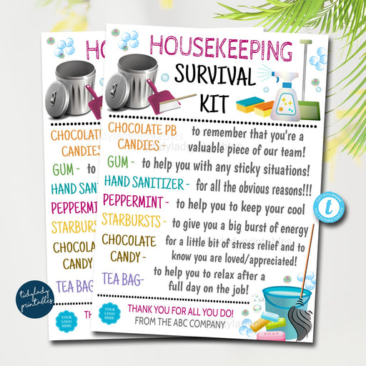 EDITABLE Housekeeper's Survival Kit Printable, Housekeeping Appreciation Week Gift, Thank You Janitor, Home Cleaning Company Staff, TEMPLATE