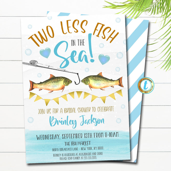 Two Less Fish in the Sea Wedding Shower Invitation, Fishing Bridal Shower Invite, Unique Couples Shower Theme, Fisherman Rehearsal Dinner