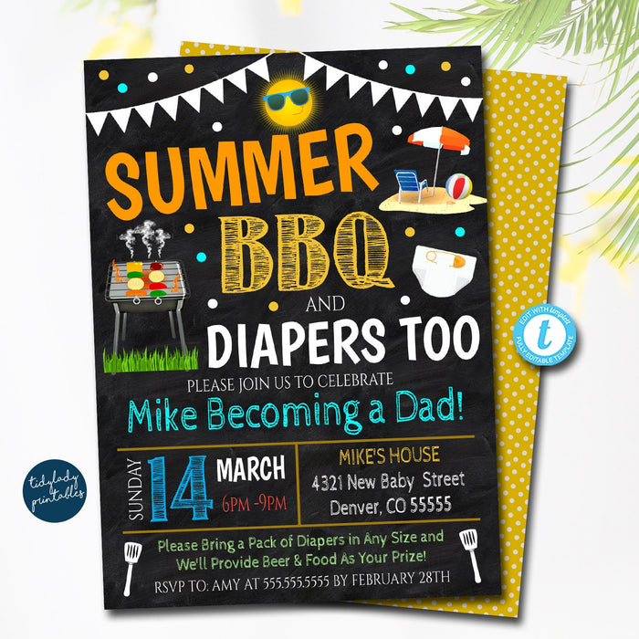 Summer Bbq Baby Shower Invitation, Dad Diaper Party, Chalkboard Printable Baby Sprinkle Couples Grill Out Shower Invite, EDITABLE TEMPLATE