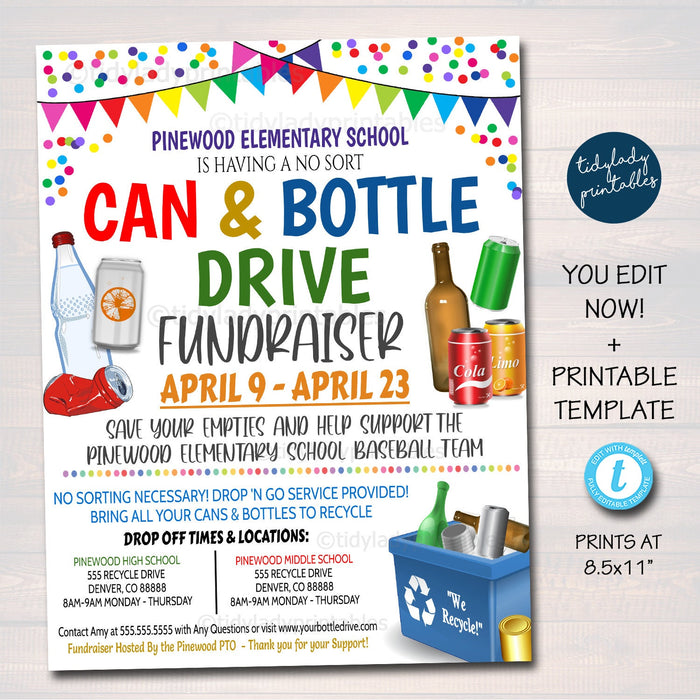 Can and Bottle Drive Fundraiser Flyer, Printable Pta Pto, School Church Recycling Fundraiser Event, Team Sports Charity EDITABLE TEMPLATE