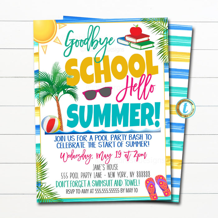 End of School Year Summer Party Invitation, Goodbye School Hello Summer Party, Printable Digital Invite, Backyard Splish Splash, EDITABLE