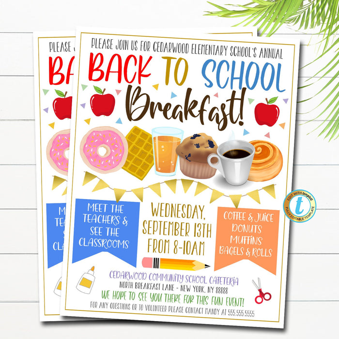 EDITABLE Back to School Breakfast, Printable PTA Flyer, School Breakfast Parent Appreciation Fundraiser Open House Printable Digital Invite