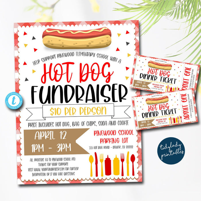 EDITABLE Hotdog Fundraiser Flyer and Ticket Set, Printable PTA, PTO, School Church Fundraiser Event, Team Sports Charity Printable Digital