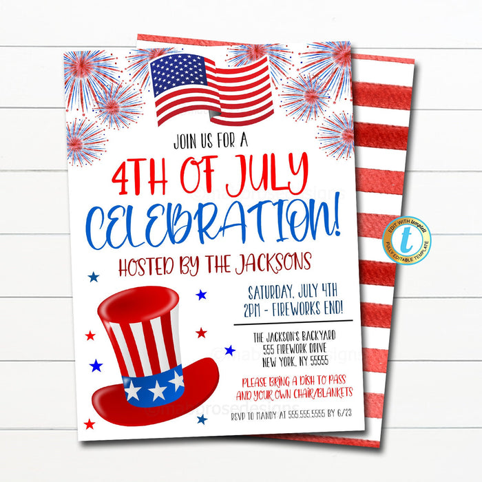 4th of July Invitation, Firecracker Invitation, Editable BBQ invite, Firework Flyer Invitation, Fourth of july uncle Sam Invite, TEMPLATE