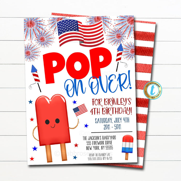 4th of July Invitation, Popsicle Invitation, Editable Birthday invite, red white blue birthday Invite, kids summer party printable TEMPLATE