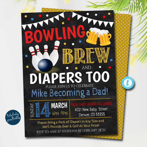 Bowling and Beer Baby Shower Invitation Chalkboard Printable Baby Sprinkle, Couples Man Diaper Shower Party Invite, EDITABLE TEMPLATE
