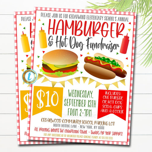 Hot Dog and Hamburger Dinner Flyer, Editable Hamburger fundraiser invitation, pto pta Church School Charity, Hamburger Fundraiser Template