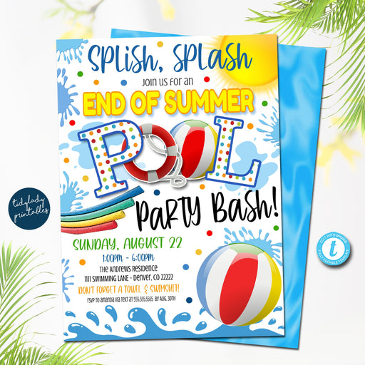 EDITABLE End of Summer Pool Party Invitation, Printable Digital Invite, Back to School, Backyard Party, Splish Splash, diy printable invite