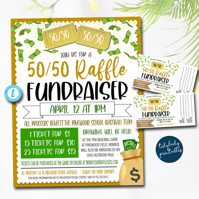 50/50 Raffle Ticket Fundraiser Flyer, split the pot Raffle fundraiser, cash raffle flyer, Sports Fundraiser, pto pta Church School Charity