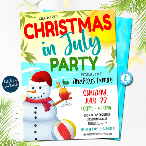 Editable Christmas In July Party Invitation, Holiday invitation, Tropical Christmas, Summer Xmas, Pool Party, Printable Instant Download