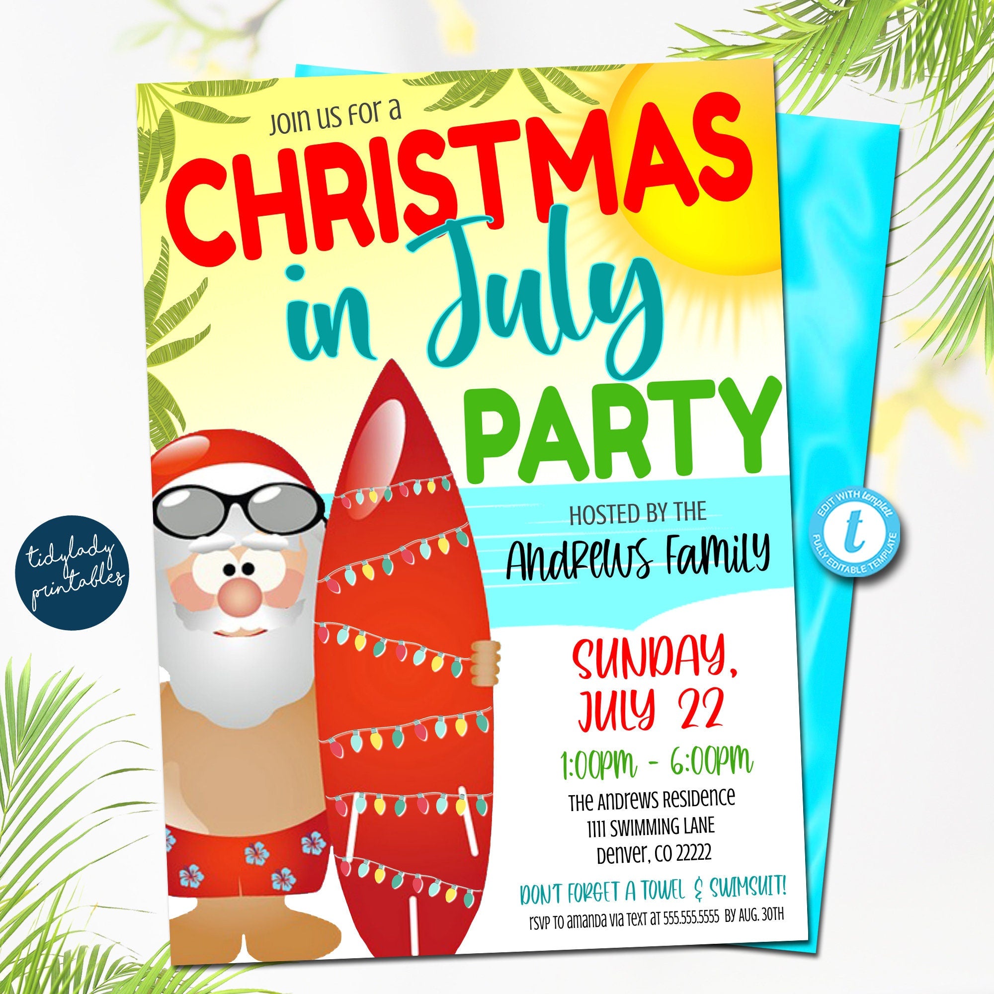 Editable Christmas In July Party Invite, Christmas Pool Party — TidyLady Printables for Christmas In July Free Printables