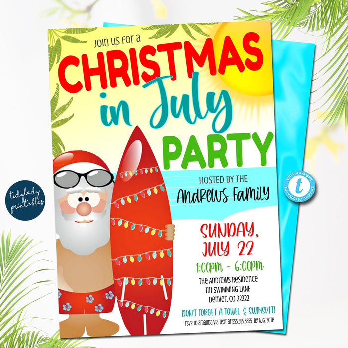 Editable Christmas In July Party Invitation, Summer Xmas Santa, Holiday Invite, Tropical Christmas, Pool Party, Printable Instant Download