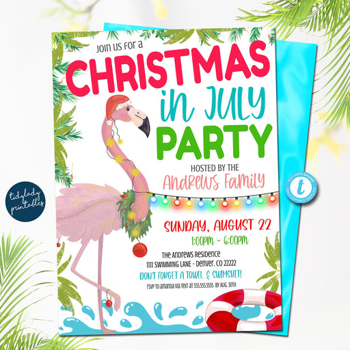Editable Christmas In July Party Invitation, Summer Xmas Flamingo Holiday Invite, Tropical Christmas, Pool Party, Printable Instant Download