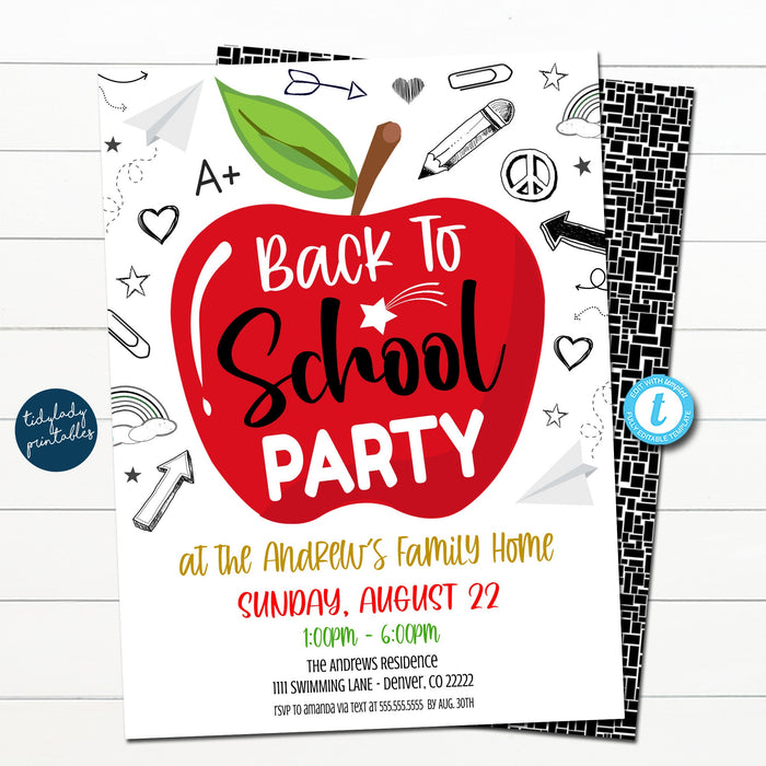 Back To School Party Invitation, Printable Digital Invite, Back to School Welcome Back Teachers Apple End of Summer Bash, EDITABLE TEMPLATE