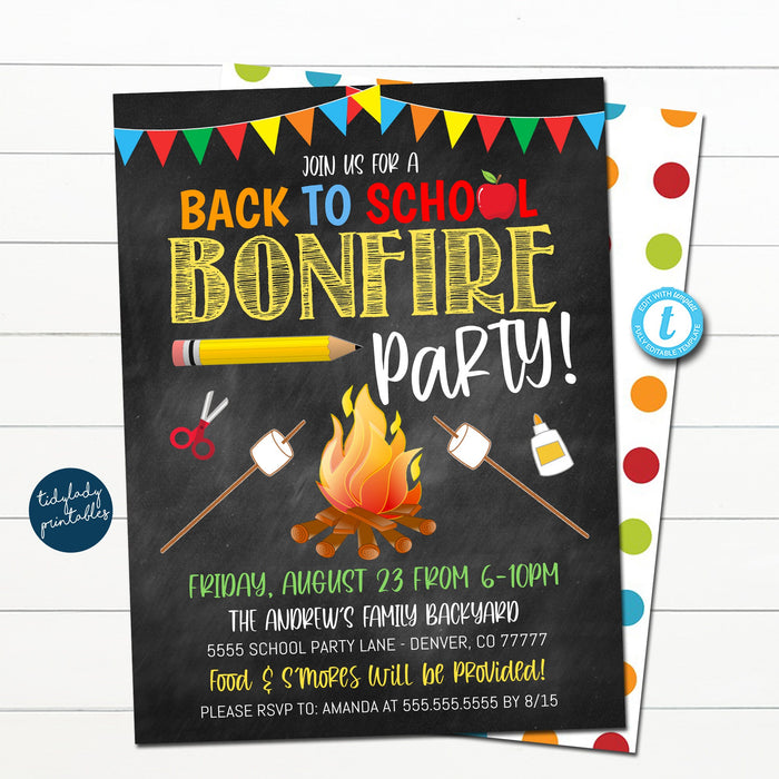 Back To School Bonfire Party Invitation, End of Summer Bash Invite, Printable Backyard Smores First Day of School Party, EDITABLE TEMPLATE