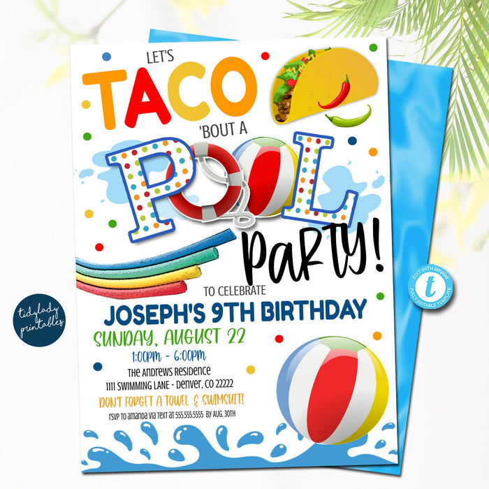 Tacos and Pool Party Invitation, End of School Party, Printable Invite Back to School, Summer Kids Boys Pool Birthday, EDITABLE TEMPLATE