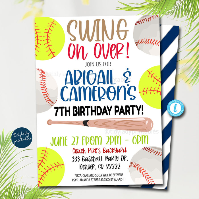 Softball and Baseball Party Invitation, End of Season, Swing on Over Editable team sports, Summer Kids Backyard Party Printable EDITABLE
