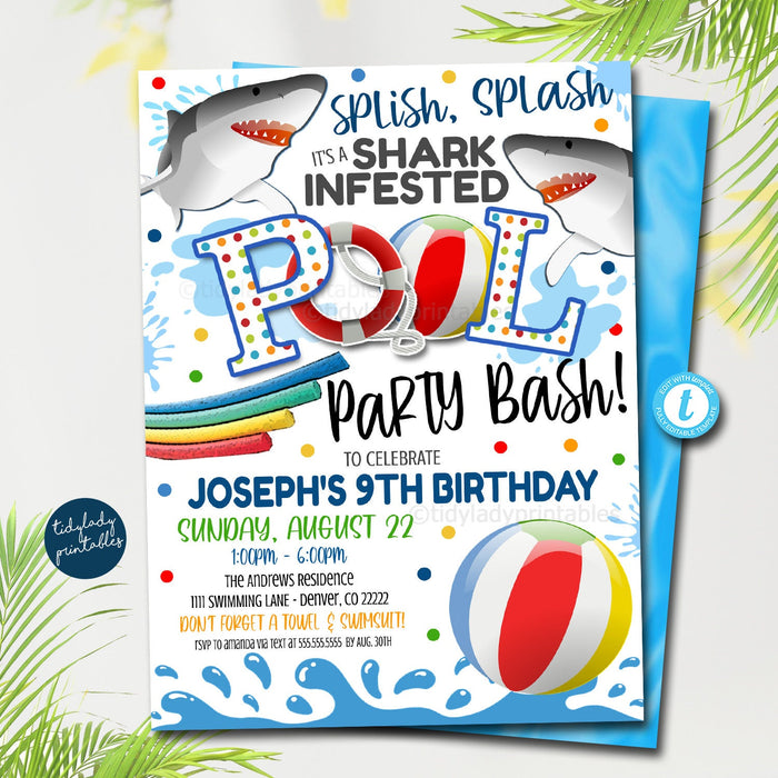 Shark Birthday Invitation, Shark Attack Pool Party Bash Birthday Printable Invite, End of School Summer Kids Boys Pool, EDITABLE TEMPLATE