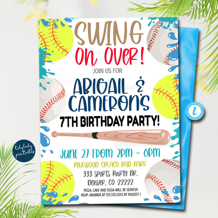 Softball and Baseball Party Invitation, End of Season, Swing on Over Editable team sports, Pool Waterslid Backyard Party Printable EDITABLE