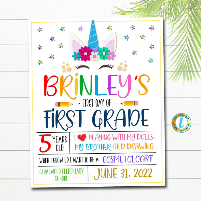 Editable Unicorn Theme First Day Of School Sign — TidyLady Printables editable-unicorn-theme-first-day-of-school-sign-tidylady-printables