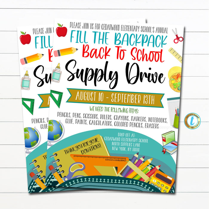 EDITABLE School Supply Drive Flyer, Printable PTA PTO Flyer, School Supplies Fundraiser Poster, Back To School Invite, School Donation