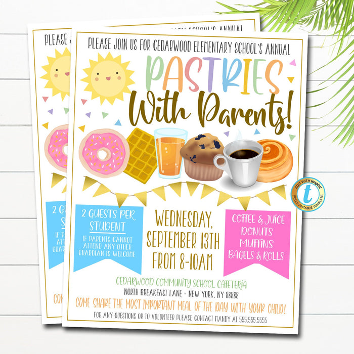 EDITABLE Pastries With Parents, Printable PTA Flyer, School Breakfast Parent Appreciation Fundraiser Open House Printable Digital Invitation