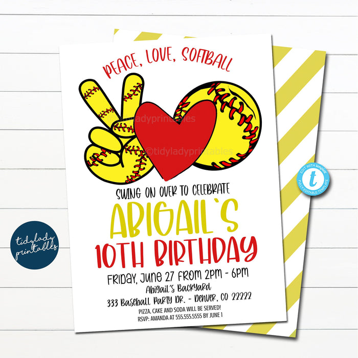 Softball Birthday Invitation | Peace Love Softball — TidyLady Printables softball-birthday-invitation-peace-love-softball-tidylady-printables