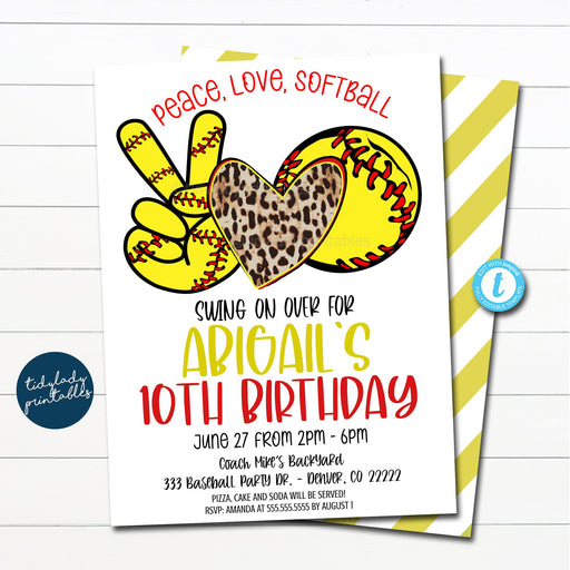 Softball Birthday Invitation, Peace Love Softball, Editable team pool party, Girl Sports Birthday Invite, Printable, DIY EDITABLE TEMPLATE
