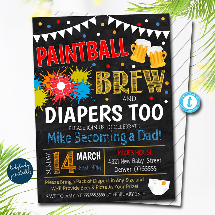Paintball and Beer Baby Shower Invitation Chalkboard Printable Baby Sprinkle, Couples Man Diaper Shower Party Invite, EDITABLE TEMPLATE