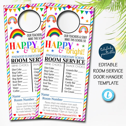 Rainbow Room Service Door Hanger, Teacher and Staff Appreciation Idea Printable Thank You Happy and Bright, School Pto Pta EDITABLE TEMPLATE