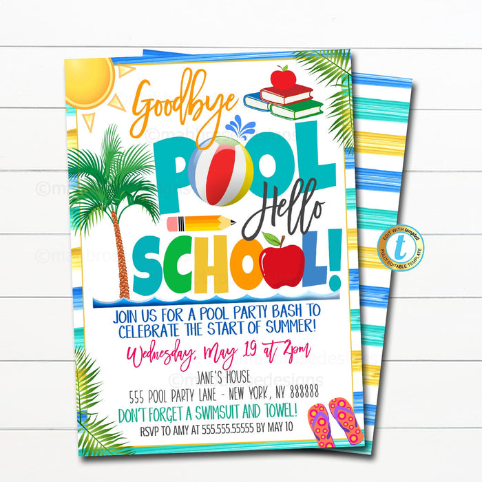 Goodbye Pool Hello School Party End of Summer Party Invitation, Printable Digital Invite, Back To School Backyard Splish Splash, EDITABLE